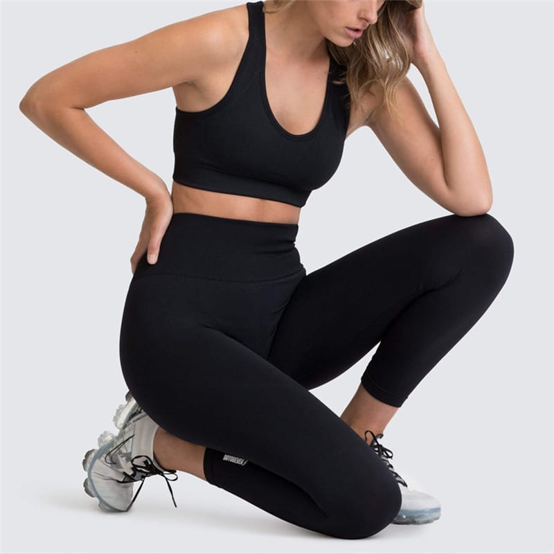 Women 2 Piece High Waisted Leggings with Sports Bra Gym Clothes Set Black M